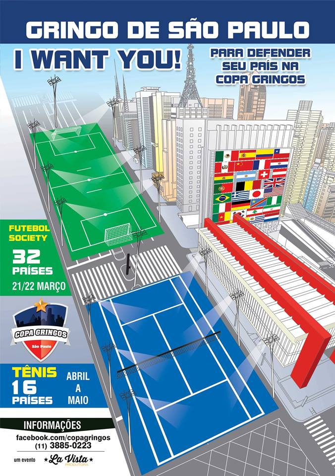 Cartaz de divulgação da Copa Gringos 2015, que terá futebol e tênis. Crédito: Divulgação