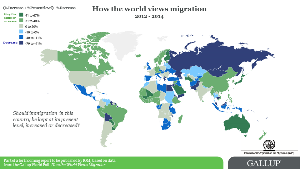 Mapa mostra a tendência da opinião pública em relação à migração em cada país. Crédito: OIM
