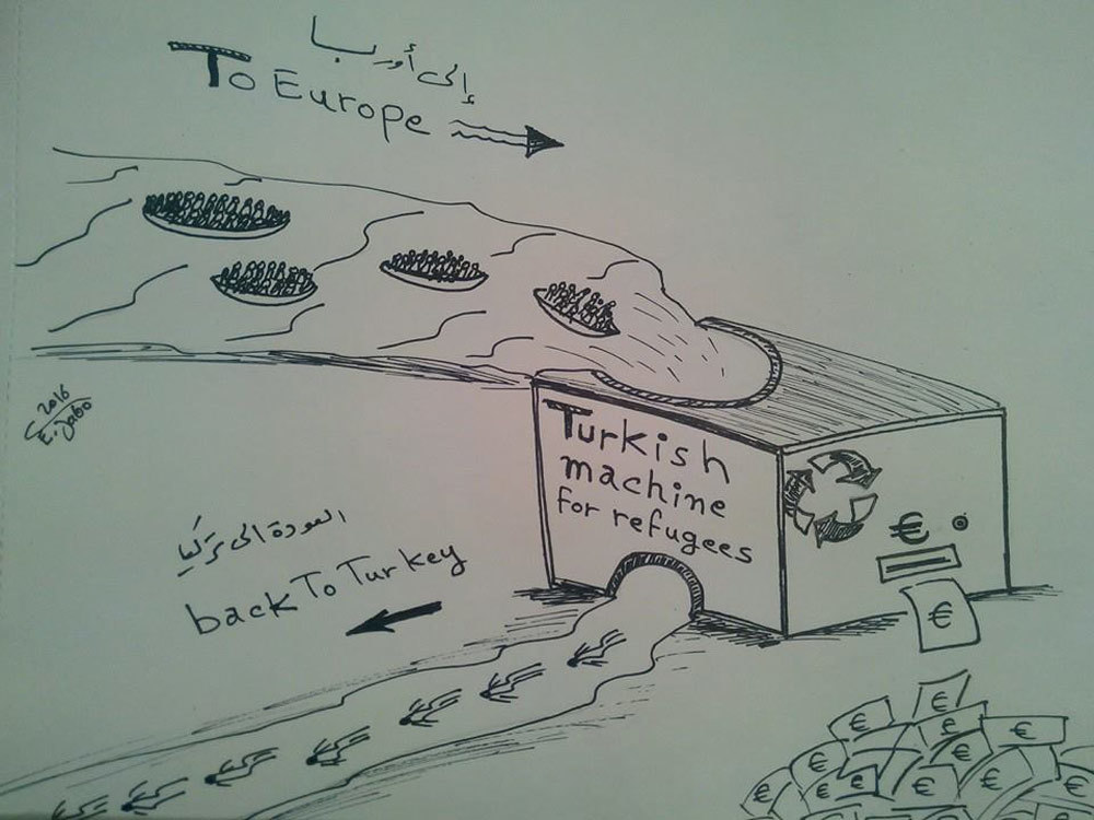 Charge mostra como o polêmico acordo Turquia-UE tem sido visto. Crédito: Driss Jabo, refugiado sírio.